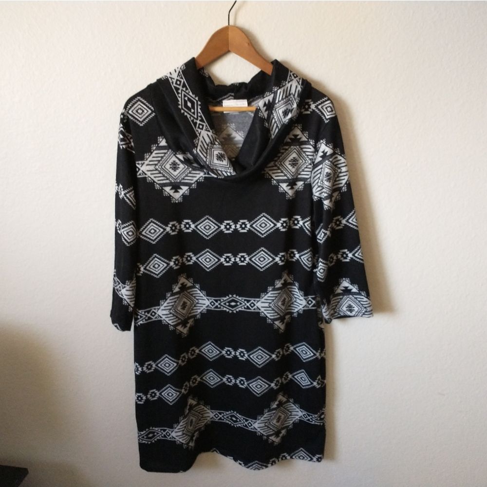 3 for $20 | Bobbie Brooks Women's Cowl Neck 3/4 Southwestern Dress in Black | 1X